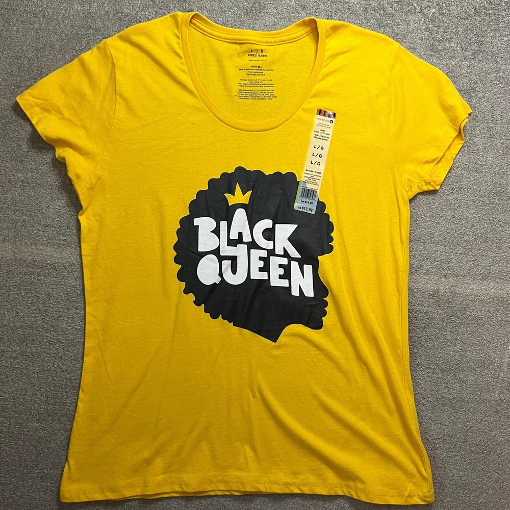 Celebrate It Black Queen Graphic T-Shirt Yellow Scoop Neck Size L NWT HipHop